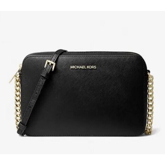 New Michael Kors Jet Set Item Large Zip Chain Crossbody Bag Black with Gold - Picture 1 of 2
